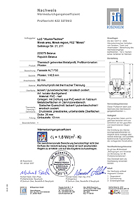 сертификат испытания теплотехнических показаний узлового сечения ALUTECH ALT F50